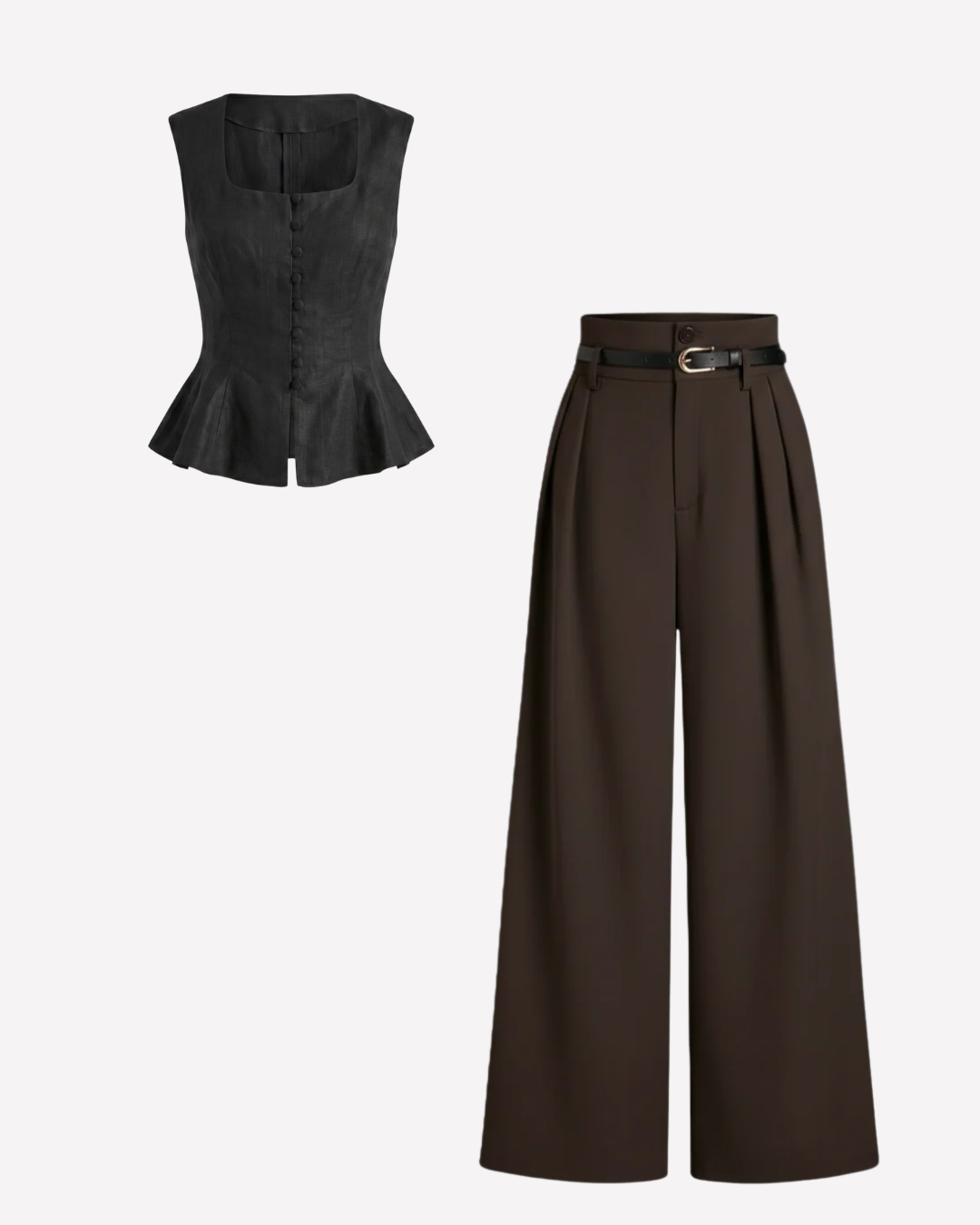 Black Buttoned Peplum Top and Dark Brown Pleated Pants With Belt