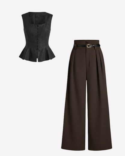 Black Buttoned Peplum Top and Dark Brown Pleated Pants With Belt