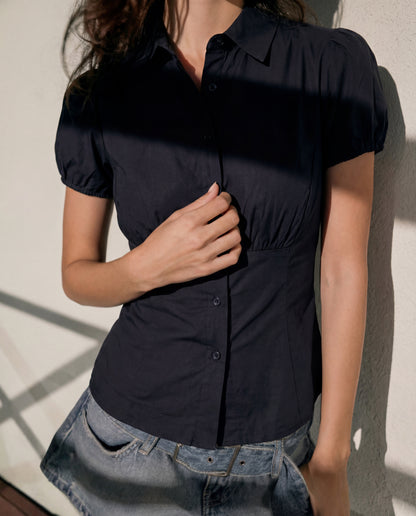 topwear,tops,casual, semi-formal,minimal, summer, timeless,woven,cotton,black,solid,ruched,button,slim fit,waist length,curved hem,collared,puff sleeves,OY1905	,25060005GG