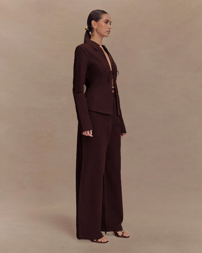 coord sets,bottomwear, topwear,casual chic, outddoors, vacation, lunch date, summer,urban fit, genz, minimal,woven,cotton,,,dark brown,solid,,,beads,regular fit top,front slit top,longline top,straight hem,lapel collar,no straps,long sleeves,full sleeves,tie up top,pants,wide leg pants,full length,straight hem,mid rise waist,side pockets, OY3052, 25070023GG