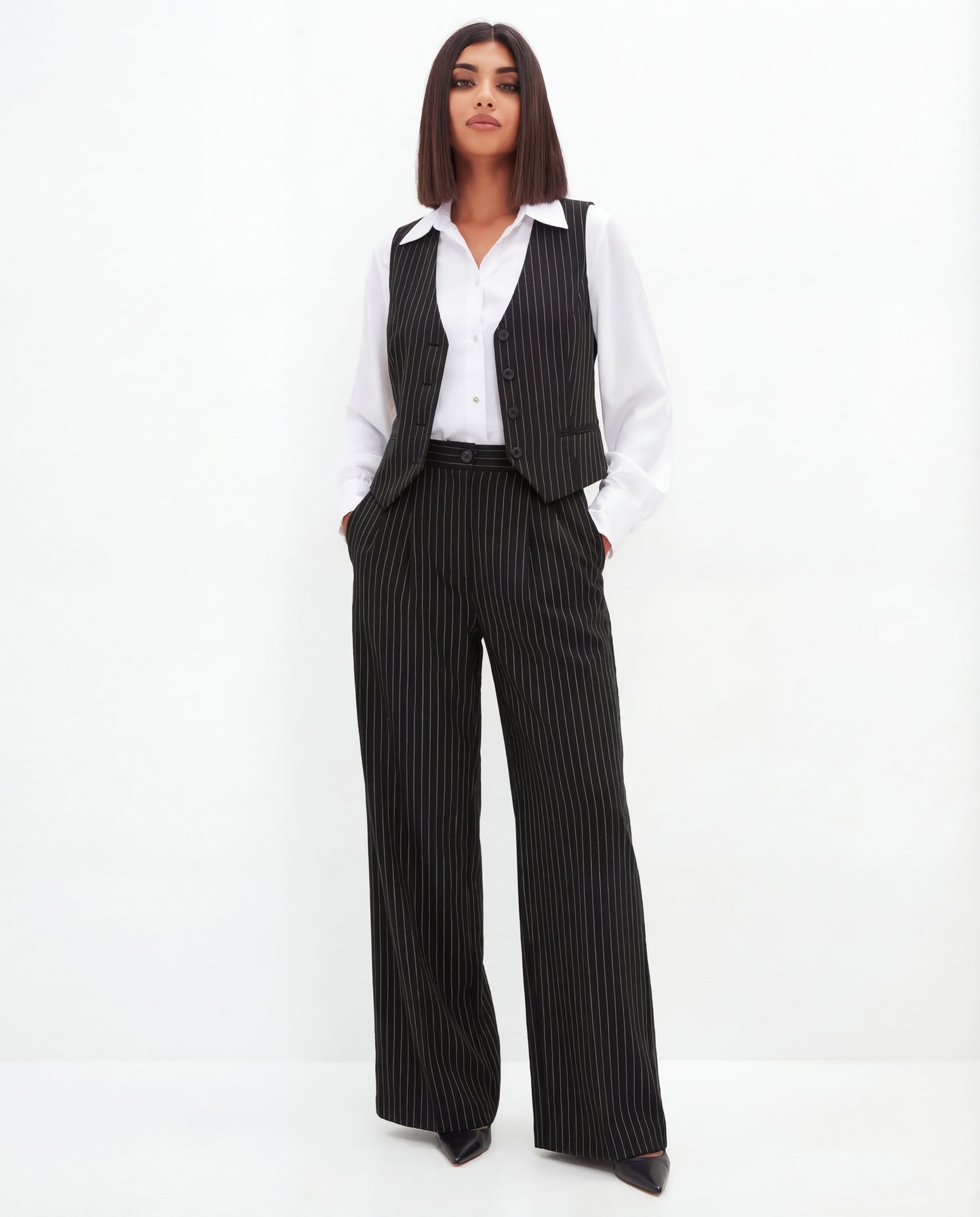 Pinstripe Vest and Wide-Leg Trousers Suit Set
