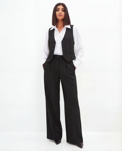 Pinstripe Vest and Wide-Leg Trousers Suit Set