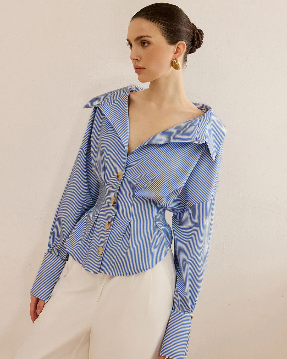 topwear,shirts,casual chic,minimal, soft girl,summer,woven,crepe,printed,blue,stripes,contrast,button,regular fit,shirt,waist length,flared hem,collared,no straps,set in sleeves,long sleeves, OY2140, 25090039GG