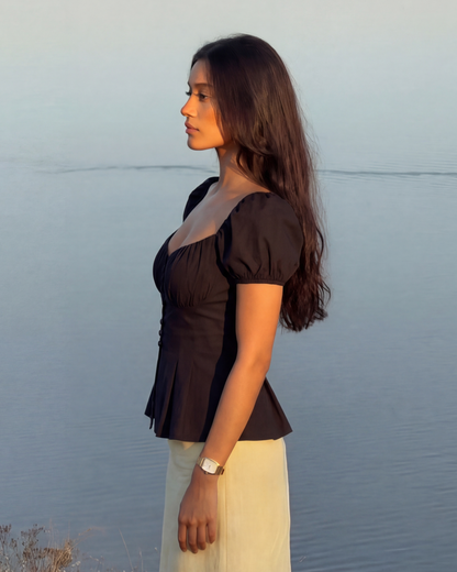 Black Button Up  Ruched Peplum Top