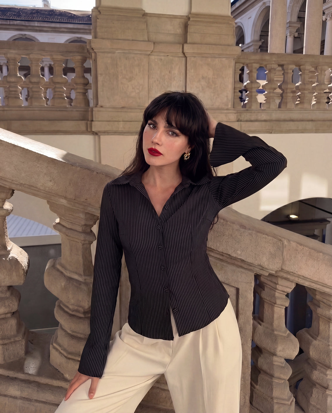 Flared Sleeve Fitted Shirt - Black