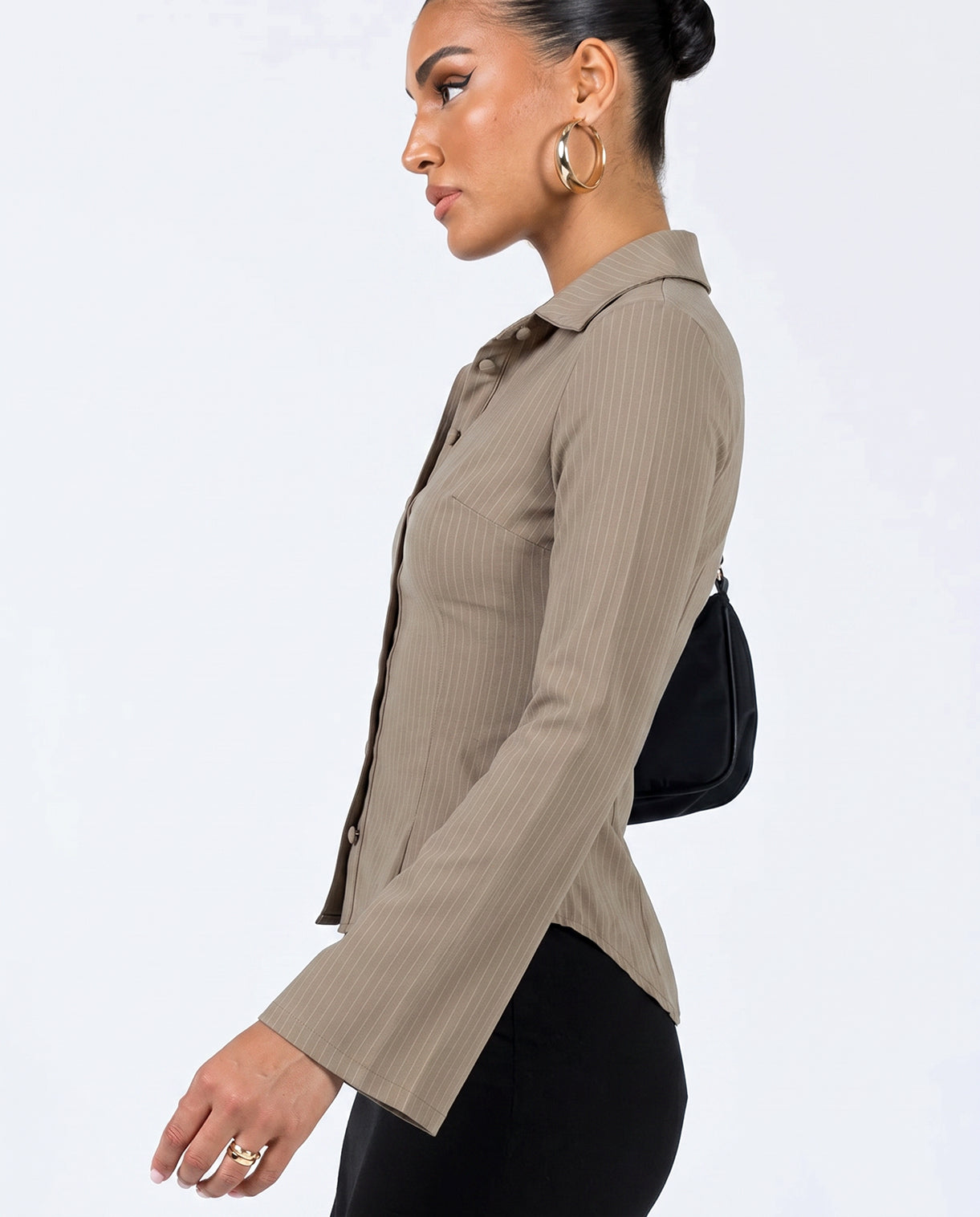 Beige Pinstripes Flared Sleeves Shirt
