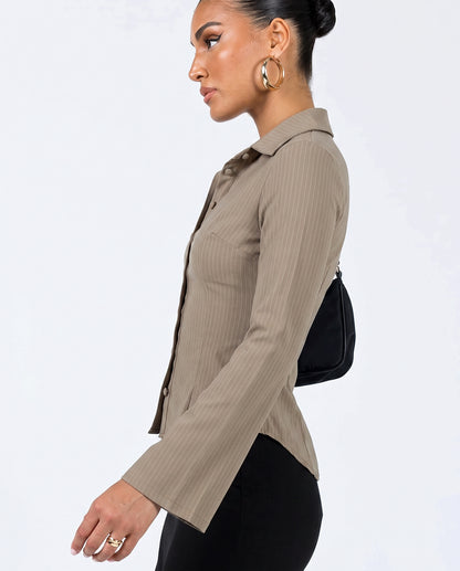 Beige Pinstripes Flared Sleeves Shirt