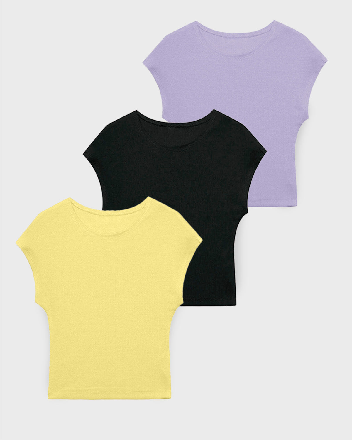 topwear,tops,casual,summer, streetwear,knitted, stretchable,cotton, ribbed,lemon yellow,solid,slim fit,fitted,crop,crew neck,cap sleeves,short sleeves,lavender,black,25050001BU