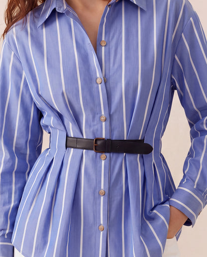 Blue Stripe Button Down Belted Shirt