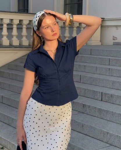Navy Blue Waist Fitted Cotton Shirt