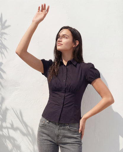 topwear,tops,casual, semi-formal,minimal, summer, timeless,woven,cotton,black,solid,ruched,button,slim fit,waist length,curved hem,collared,puff sleeves,OY1905	,25060005GG