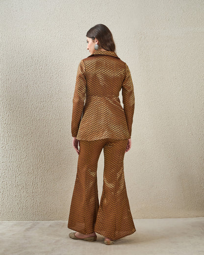 coord sets,bottomwear, topwear,ethnic, party,festive, glam, indo western, minimal, summer,woven,brocade,banarasi brocade,brown,damask,flounce,button,regular fit top,fit and flare,longline top,flared hem,lapel collar,set in sleeve,long sleeves,button up,pants,bell bottom pants,full length,flared hem,mid rise waist, OY2096, 25070055GG