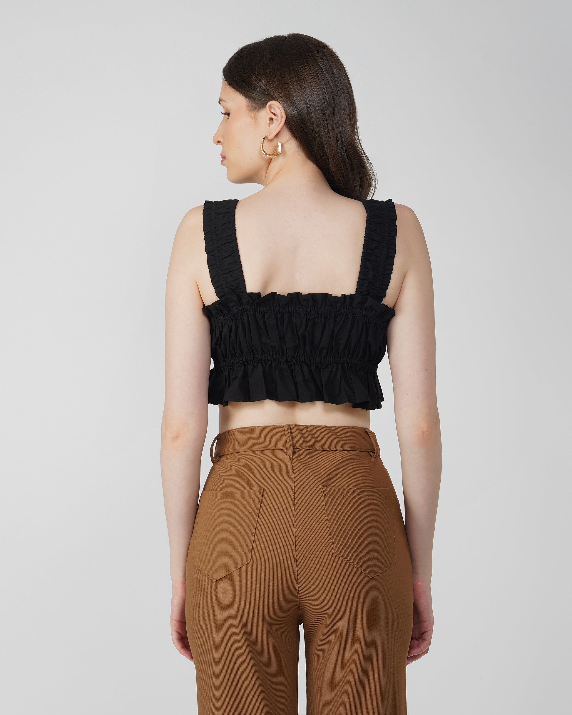 ruched-blouse-top,BLACK RUCHED CROP TOP,topwear,tops,casual,bold,woven,poplin,black,solid,ruffled,drawstring,slim fit,blouse,crop,gathered,square neck,shoulder strap,sleeveless