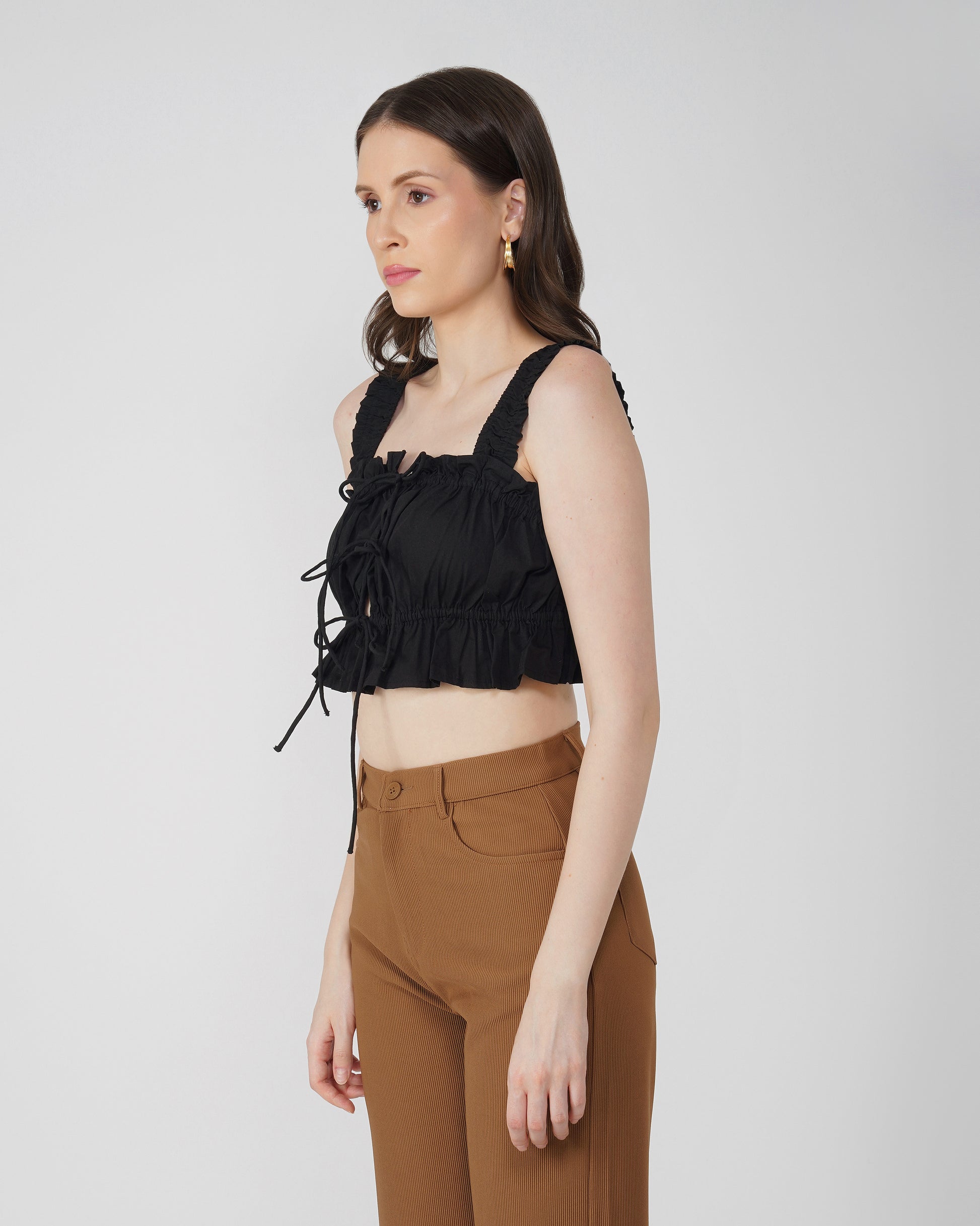 ruched-blouse-top,BLACK RUCHED CROP TOP,topwear,tops,casual,bold,woven,poplin,black,solid,ruffled,drawstring,slim fit,blouse,crop,gathered,square neck,shoulder strap,sleeveless