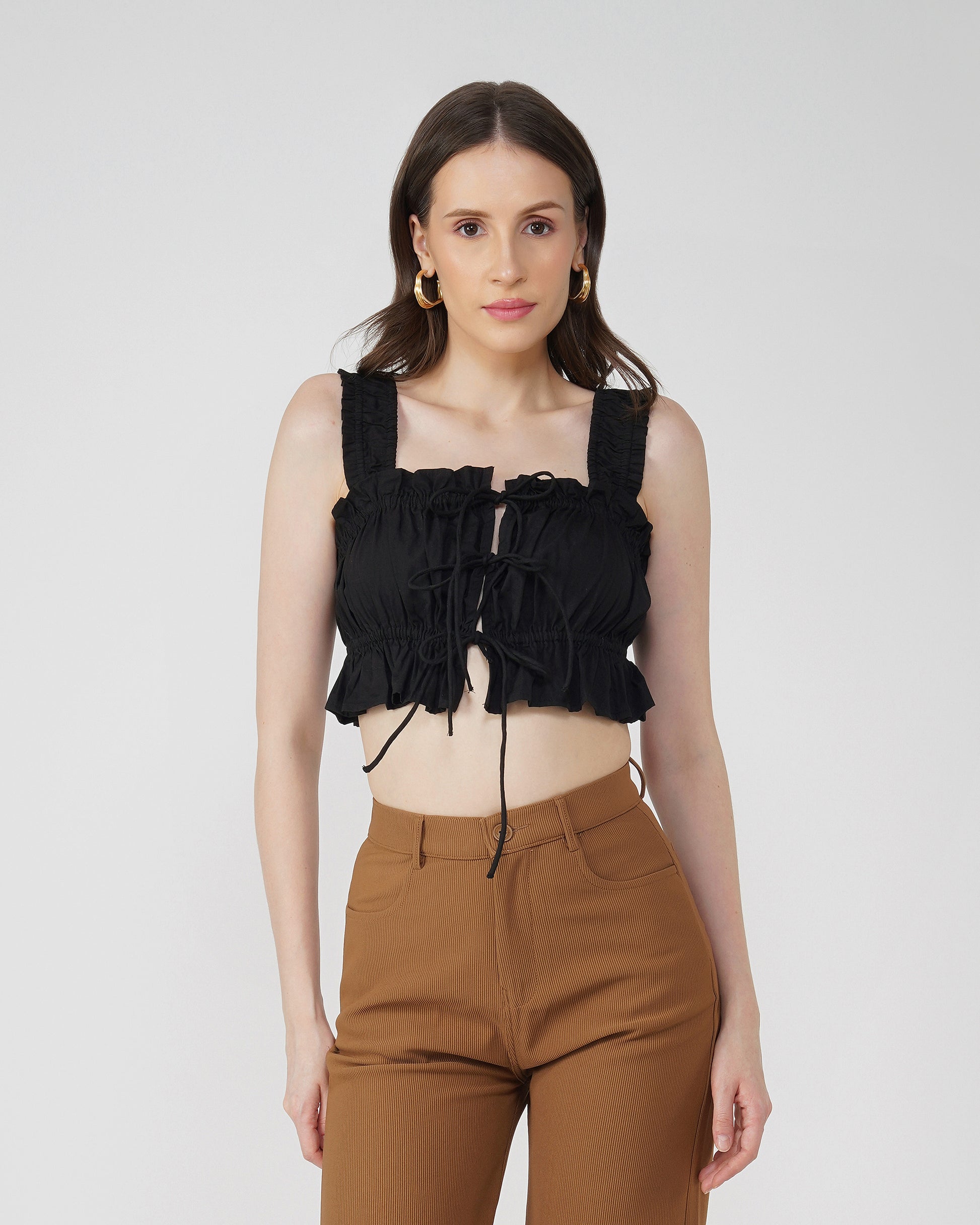 ruched-blouse-top,BLACK RUCHED CROP TOP,topwear,tops,casual,bold,woven,poplin,black,solid,ruffled,drawstring,slim fit,blouse,crop,gathered,square neck,shoulder strap,sleeveless