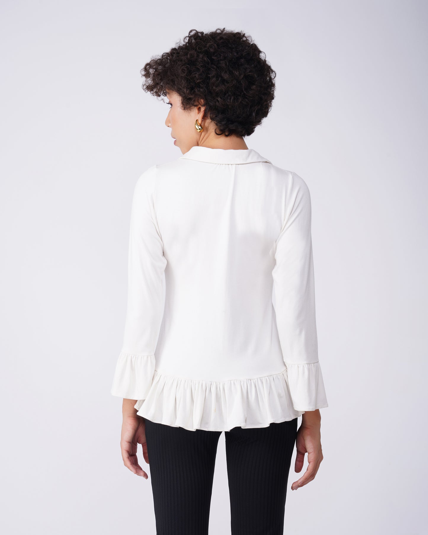 ruffled-regular-fit-top,RUFFLED TOP,topwear,tops,outdoor events,bold,woven,lycra, viscose,white,solid,gathered,regular fit,tie up,regular,gathered,collared,long sleeves