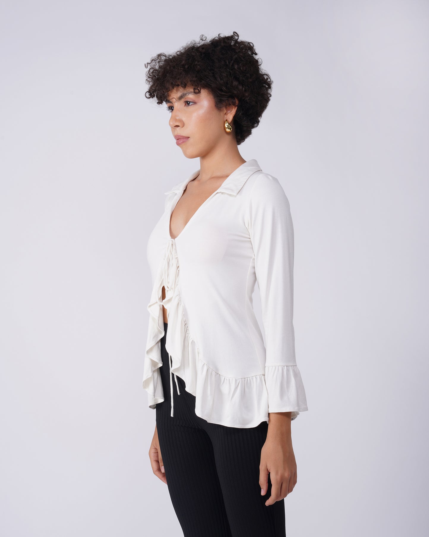 ruffled-regular-fit-top,RUFFLED TOP,topwear,tops,outdoor events,bold,woven,lycra, viscose,white,solid,gathered,regular fit,tie up,regular,gathered,collared,long sleeves