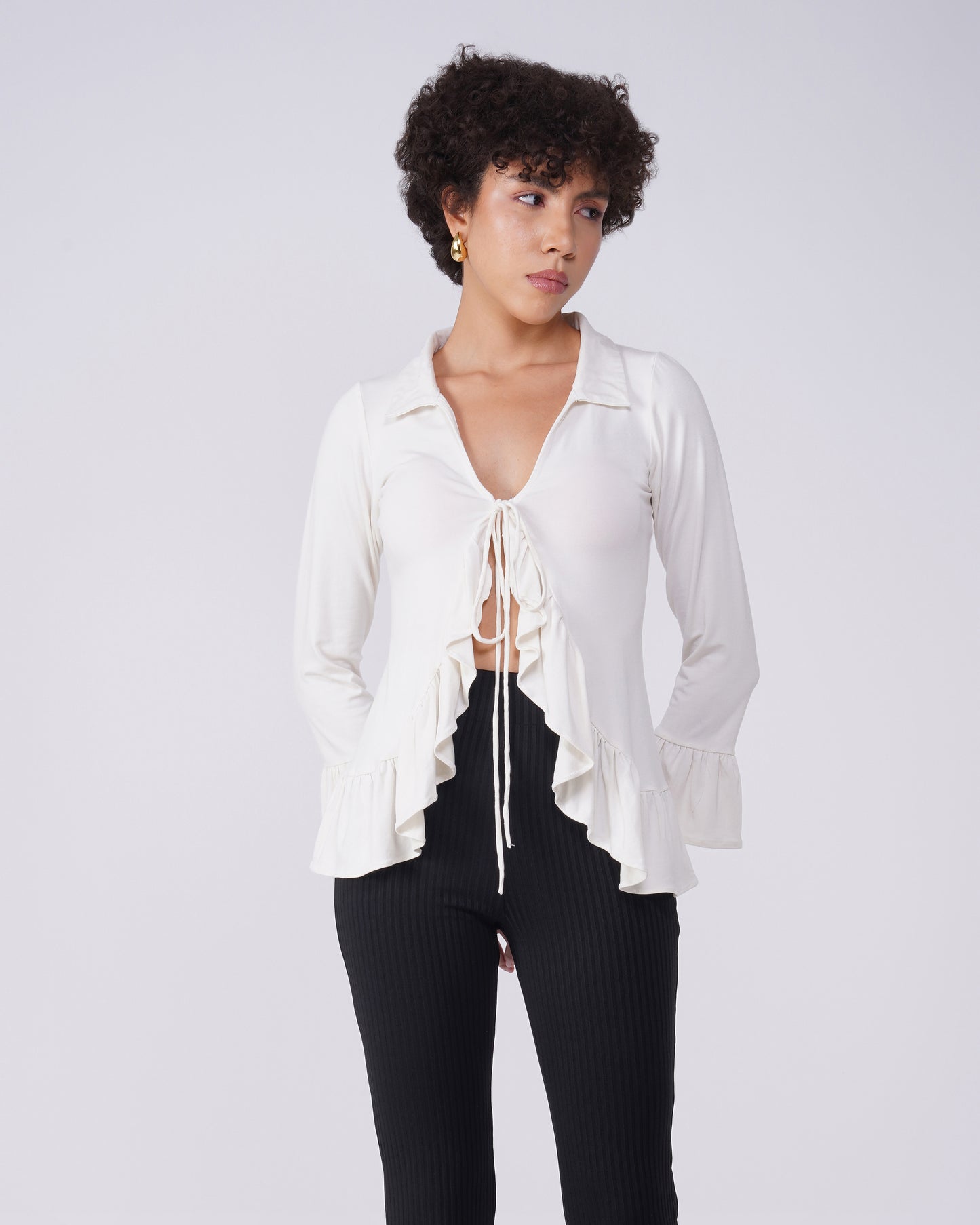 ruffled-regular-fit-top,RUFFLED TOP,topwear,tops,outdoor events,bold,woven,lycra, viscose,white,solid,gathered,regular fit,tie up,regular,gathered,collared,long sleeves