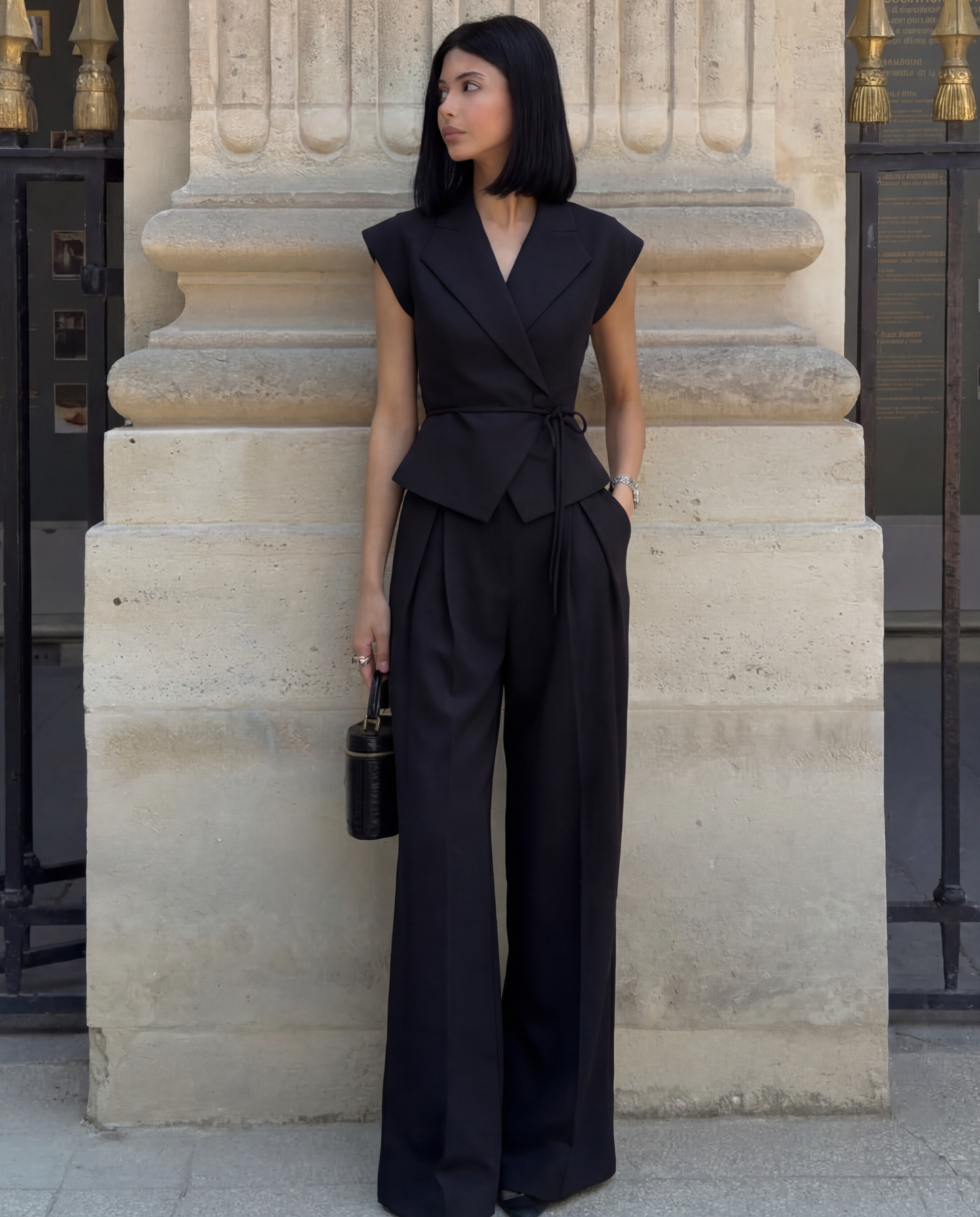 Black Tailored Peplum Vest and Wide Leg Pant Set
