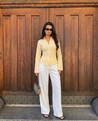 Butter Yellow Pinstripes Flared Shirt and White Pleated Pants with Belt