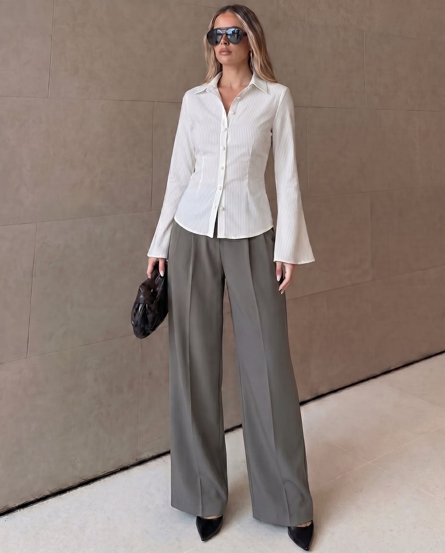 White Pinstripes Flared Shirt and Corset Waist Pleated Pants