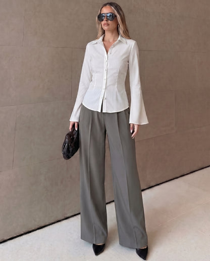 White Pinstripes Flared Shirt and Corset Waist Pleated Pants