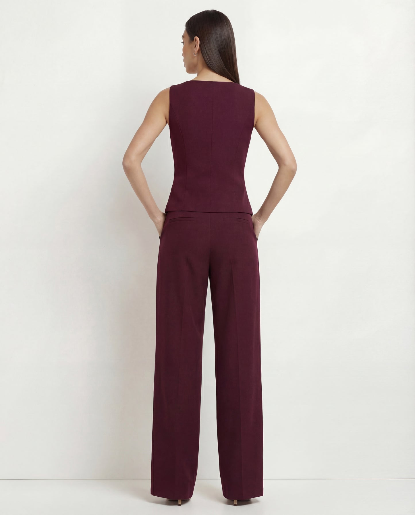 Maroon Boat Neck Slit Waist Coat And Pleated Pants With Belt