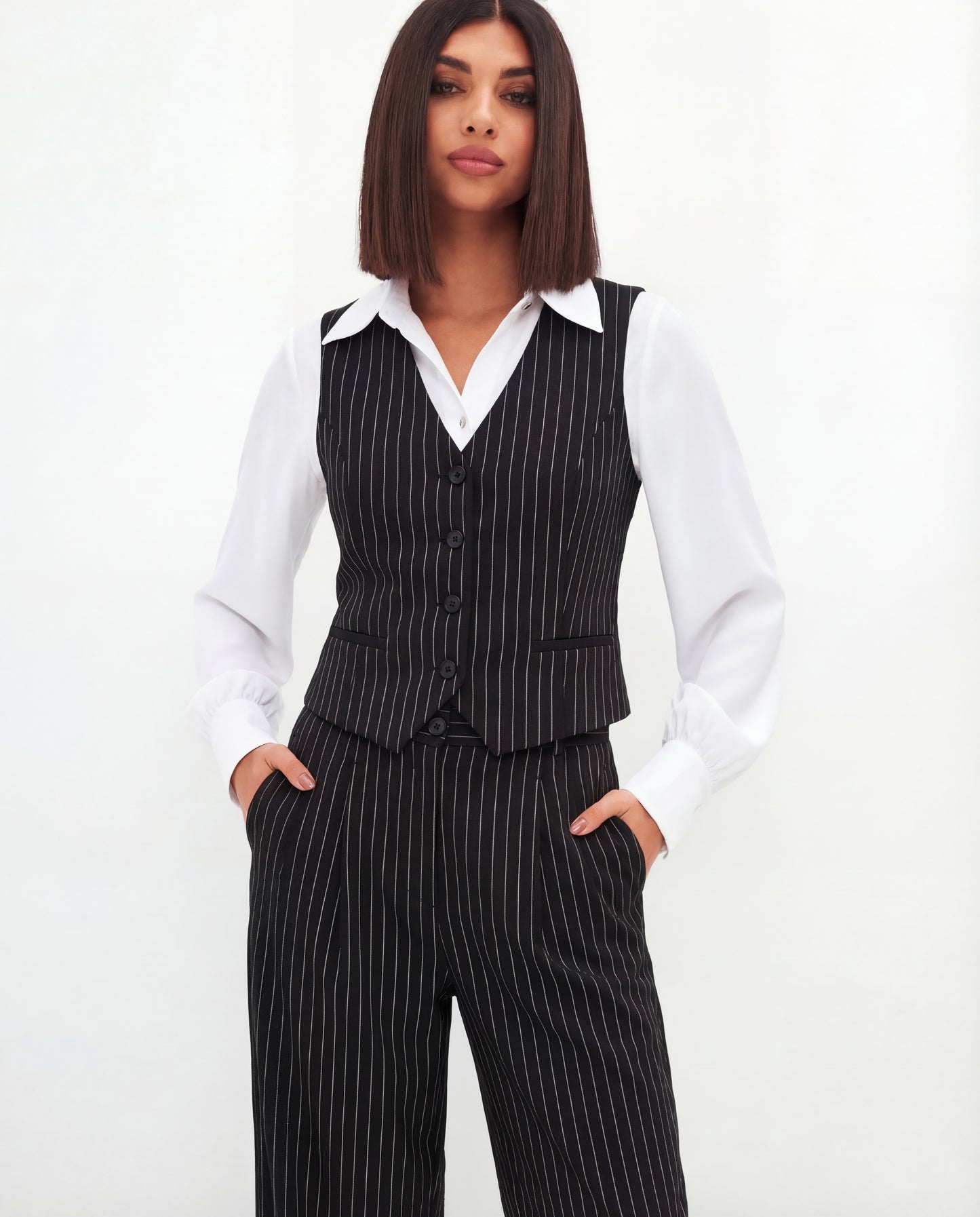 Pinstripe Vest and Wide-Leg Trousers Suit Set