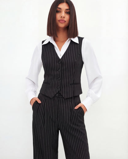 Pinstripe Vest and Wide-Leg Trousers Suit Set