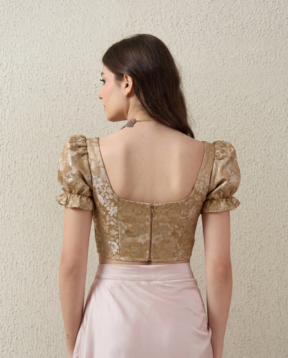 Gold Puff Sleeves Brocade Corset Top
