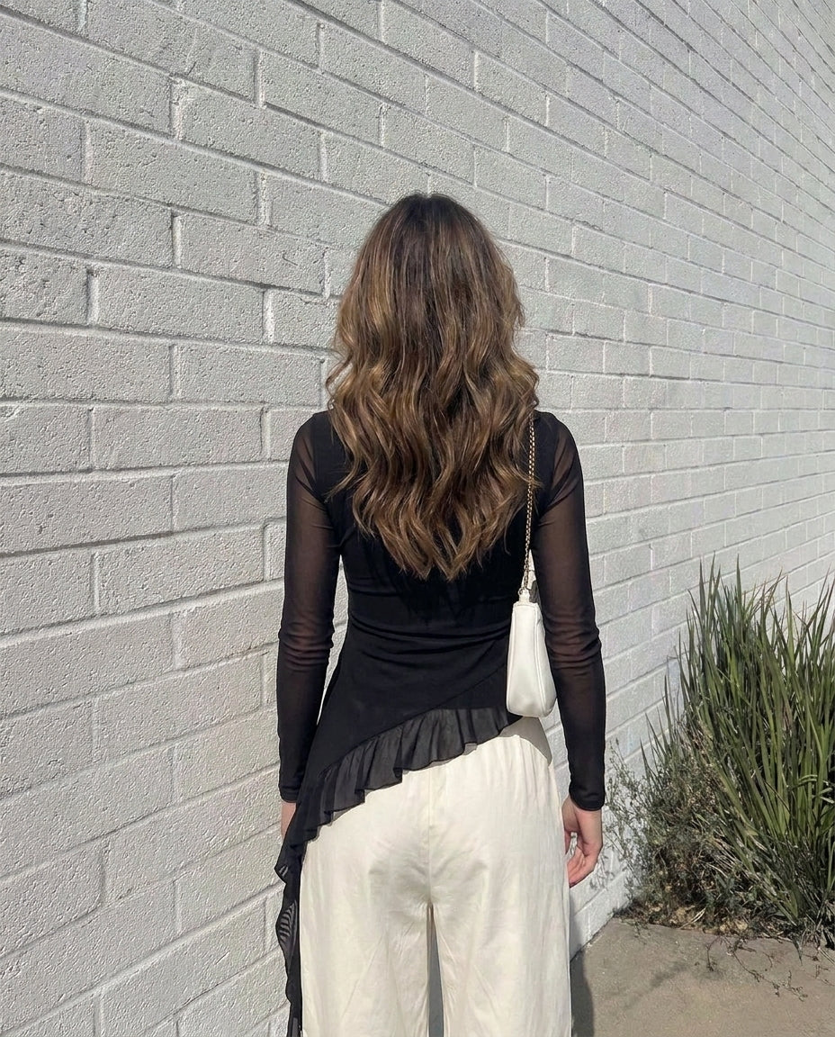 Asymmetric Ruffled Mesh Top - Black