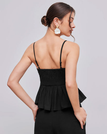 topwear,tops,casual, vacation, outdoor events,minimal, sophisticated, summer,woven,cotton twill,black,solid,pleated,tailored fit,fit and flare,waist length,straight hem,cami neck,spaghetti strap,sleeveless	OY1919, 25060024GG