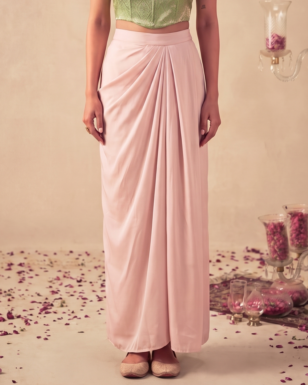 Set of 2 Mint Green Brocade Corset Top& satin silk draped skirt set