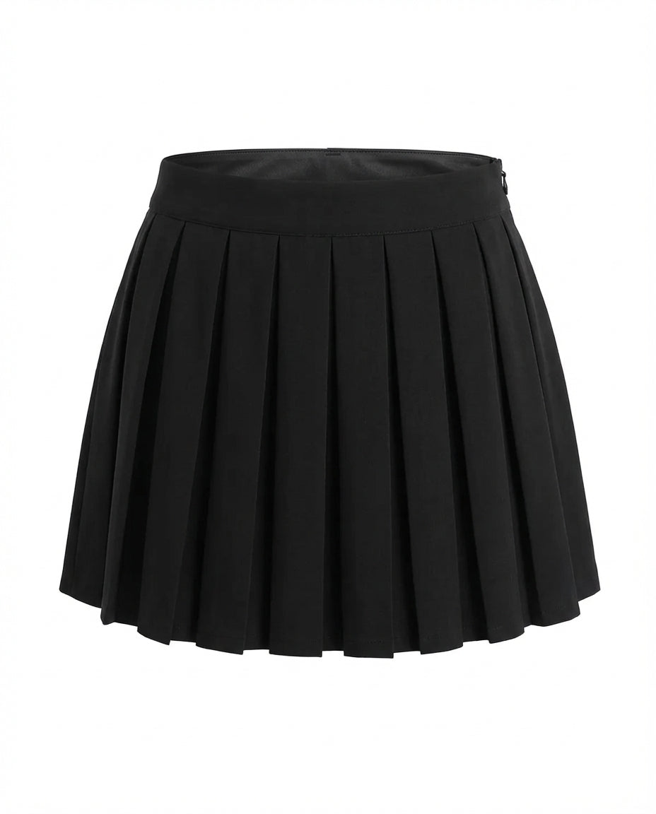bottomwear,skirts,casual chic, party, vacation,bold, glam, summer,woven,cotton,black,pleated,hook,relaxed fit,mini skirt,mini,straight hem,mid rise,	25060051GG, OY2074