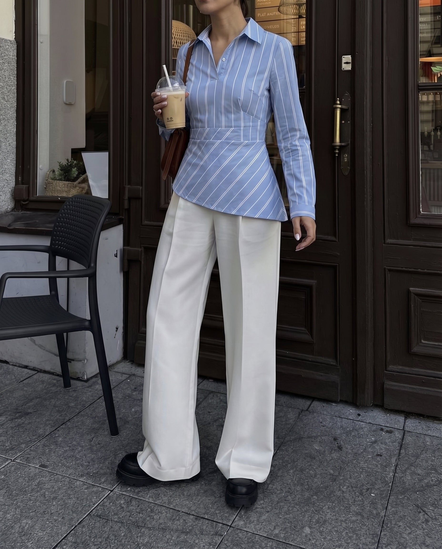 blue, asymmetrical shirt, summer, pastel blue, Stylish blue shirt, vertical stripes, playful, fun.
