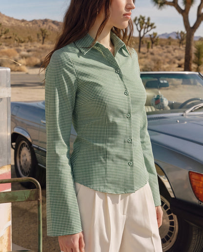 Green Check Shirt With Cinched Waist