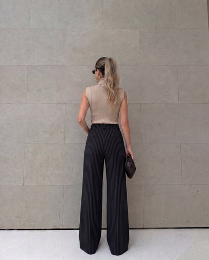 Asymmetric Wrap Pinstripe Wide-Leg Trousers