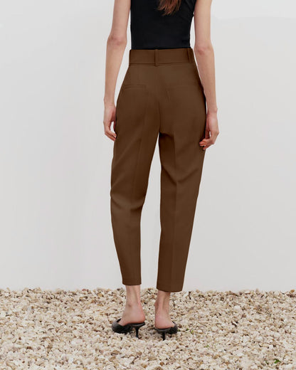 bottomwear,pants,formal, semi-formal,business outfit, urban fit, workwear,woven,polyester, spandex,brown,pleated,belt,tailored fit,tapered,full length,high rise	25090038GG, OY942