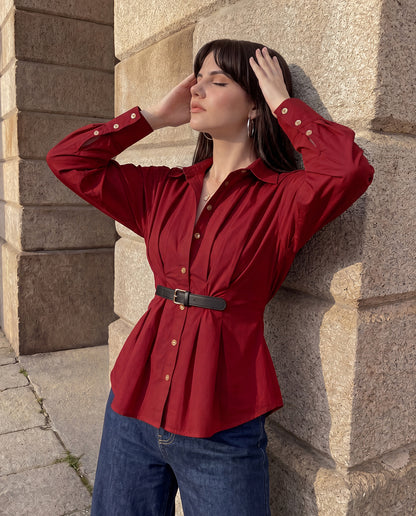 Cherry Red Button Down Belted Shirt