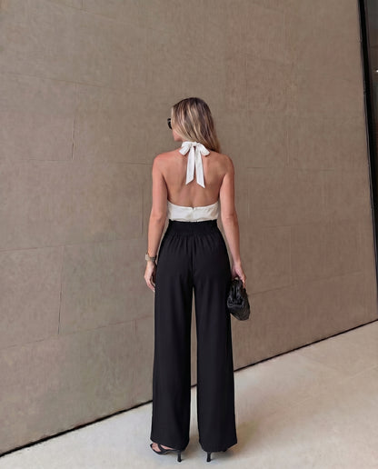 bottomwear,trousers,semi-formal,workwear,stretchable,polyester, spandex,black,pleated,relaxed fit,wide leg,full length,high rise, 24090016GG, OY963