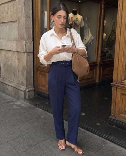 Belted Tapered Pants With Belt - Dark Blue