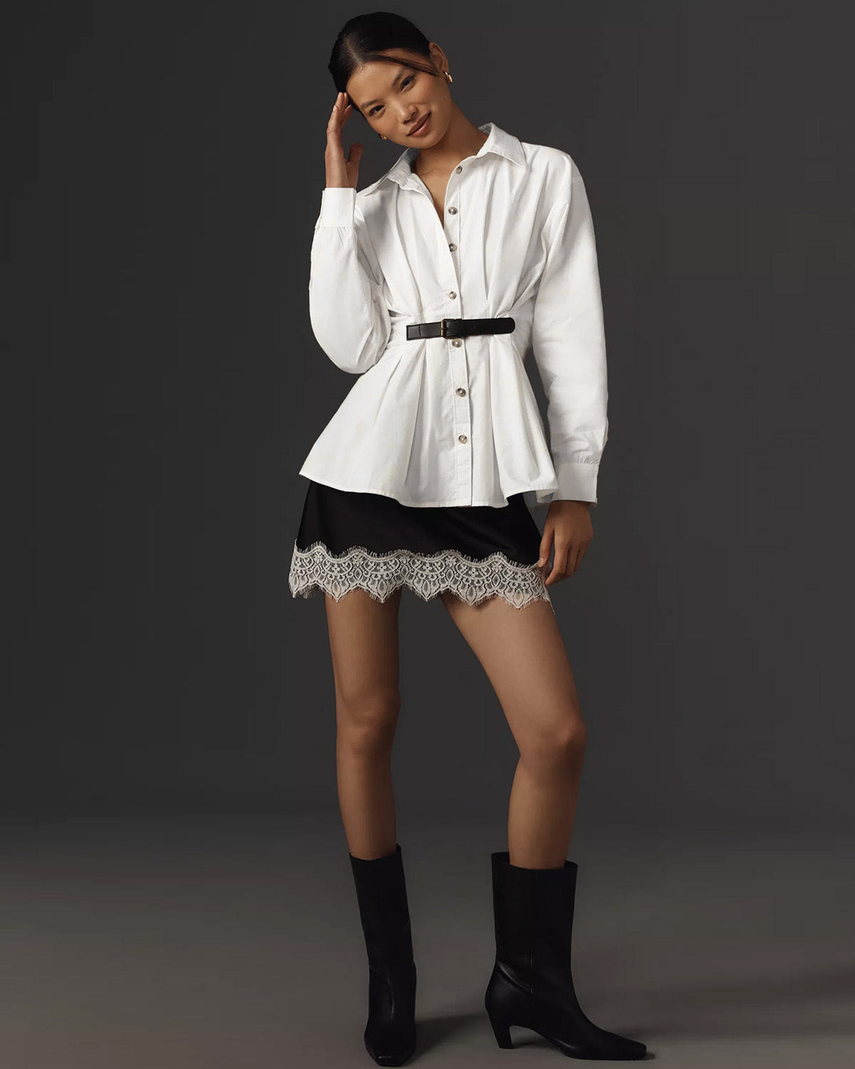 topwear,tops, shirts,casual chic, semi-formal,gen z, millenial, minimal, summer,woven,poplin, cream,solid,pleated,buckle, button,tailored fit,shirt,waist length,flared hem,shirt collar,no straps,set in sleeves,long sleeves, OY2123	25090032GG