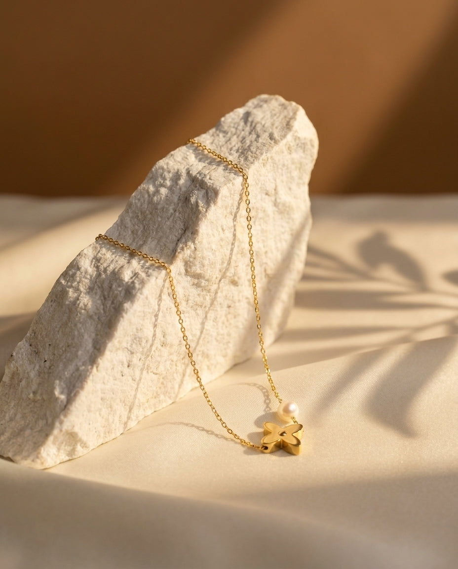 Golden Pearl Clover Necklace