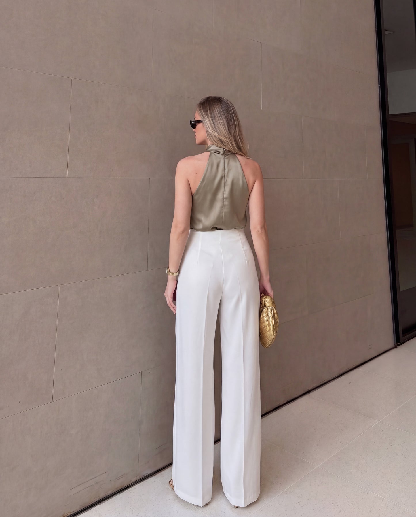Chic Draped Waist Wide Leg Trousers-White