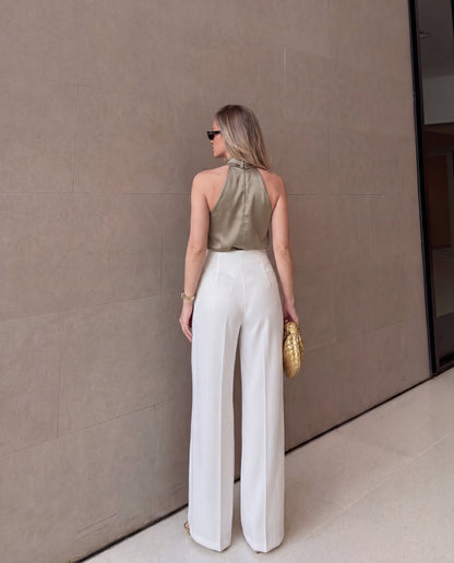 Chic Draped Waist Wide Leg Trousers-White
