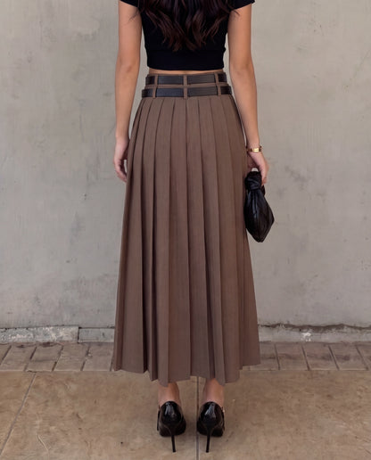 Brown Pleated Slit Skirt With Detachable Belts