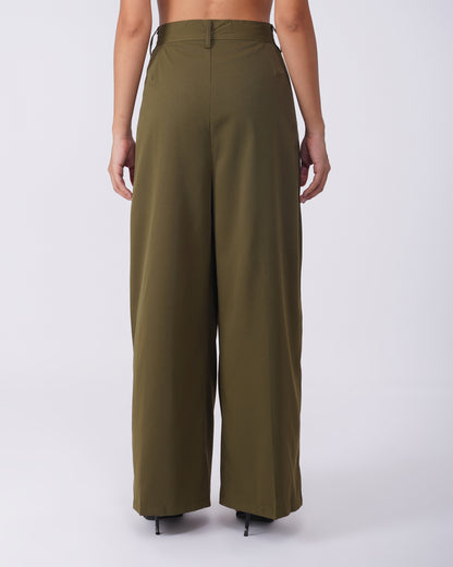 TWO PLEATED PANTS,Color: Olive Green
Fabric: Moss 
Type: Wide Leg
Fit: Relaxed Fit 
Length: Full Length
Waist: High Rise
Closure: Zip & Button
Print: Solid
Detail: Two Pleats,bottomwear,pants,semi-formal,workwear,woven,moss,olive green,pleated,Relaxed fit,wide leg,full length,high rise,Manufacturing batch1_June19,suited for influencer,two-pleated-pants-olive-green