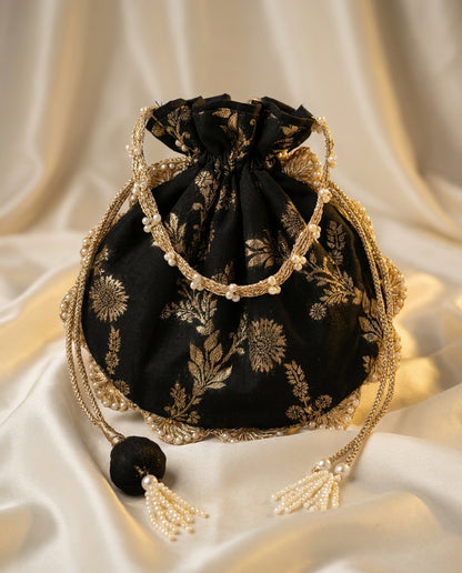 Black Brocade Potli Bag with Gold Tassel