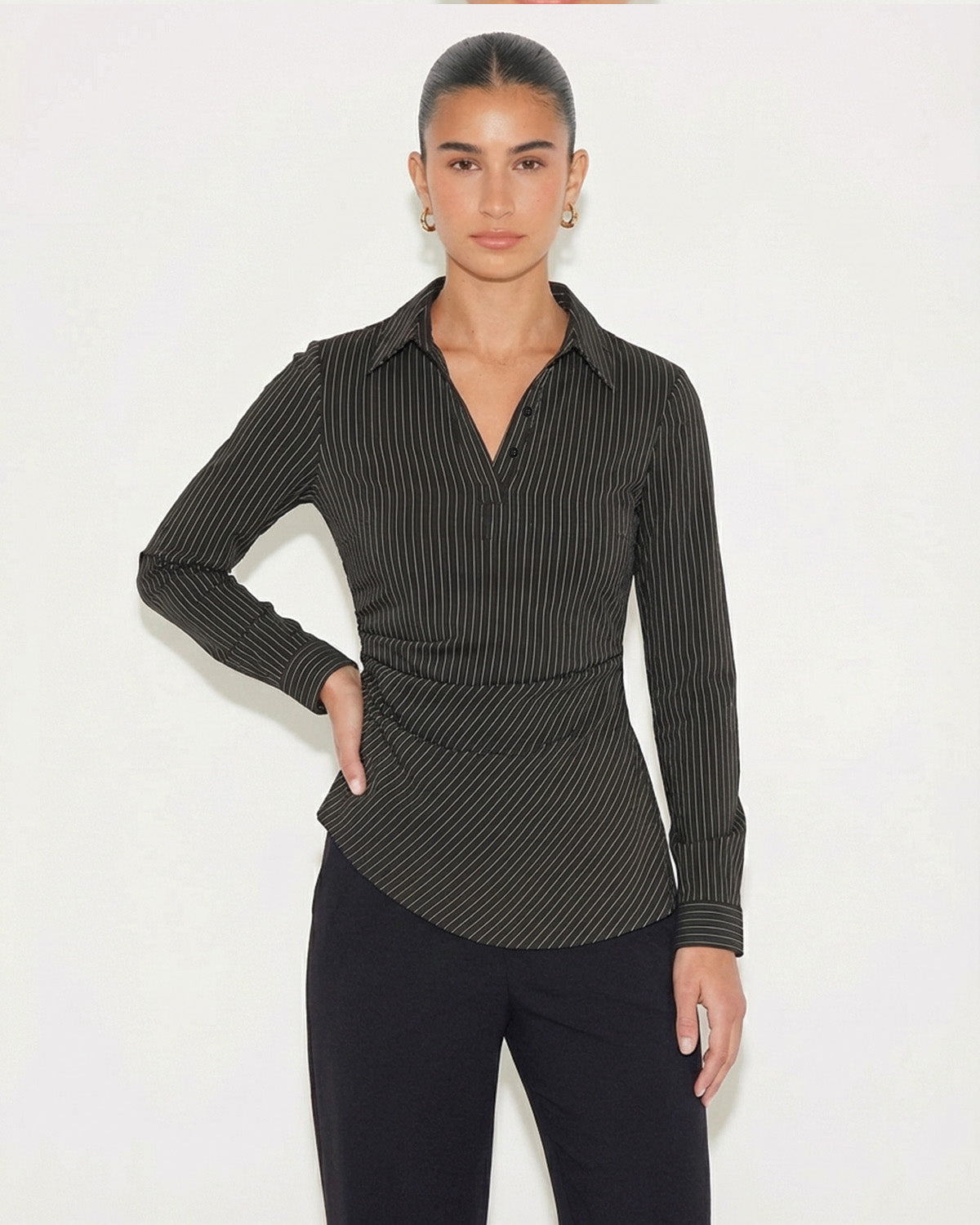 Black Pinstripe Asymmetric Hem Shirt