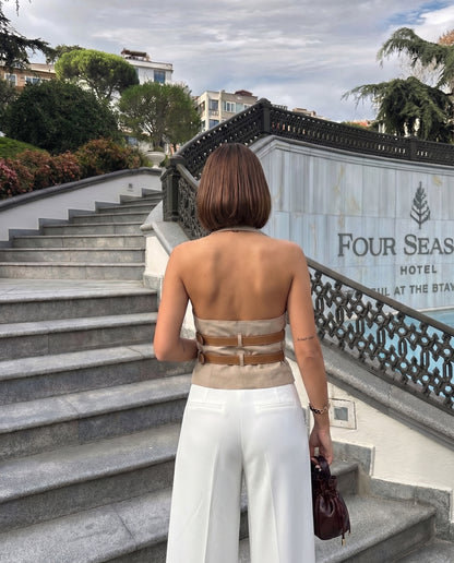 Beige Belted Halter Vest Top